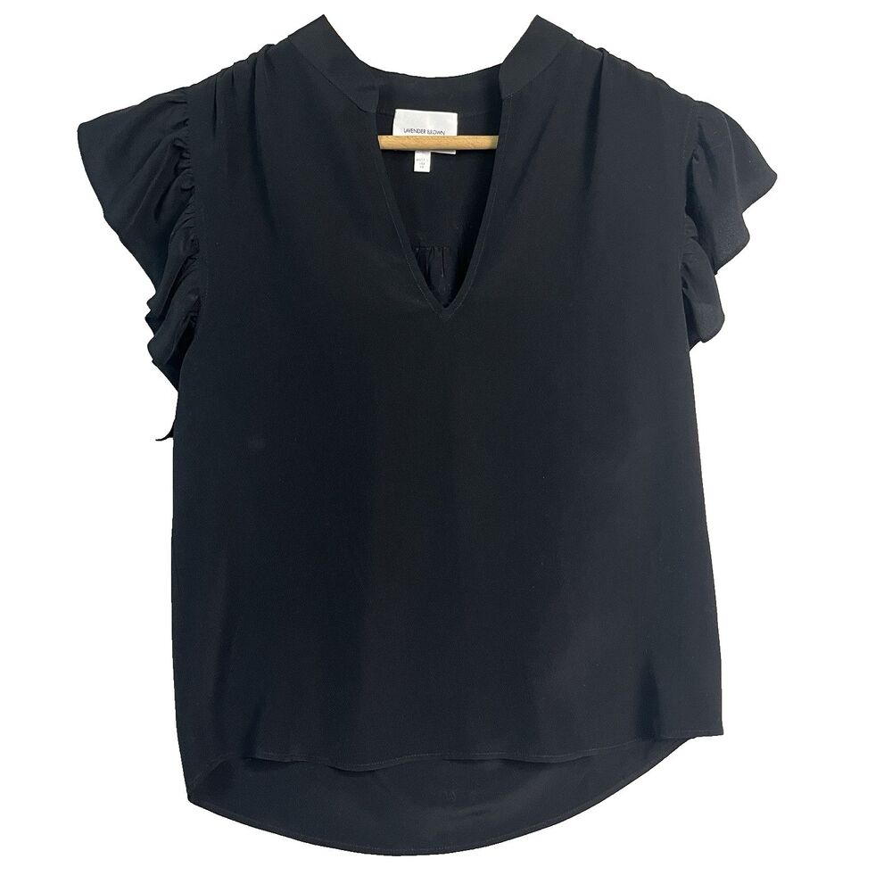 Lavender Brown 100% Silk Black Blouse V neck Ruffle Sleeve‎ Light Size XS
